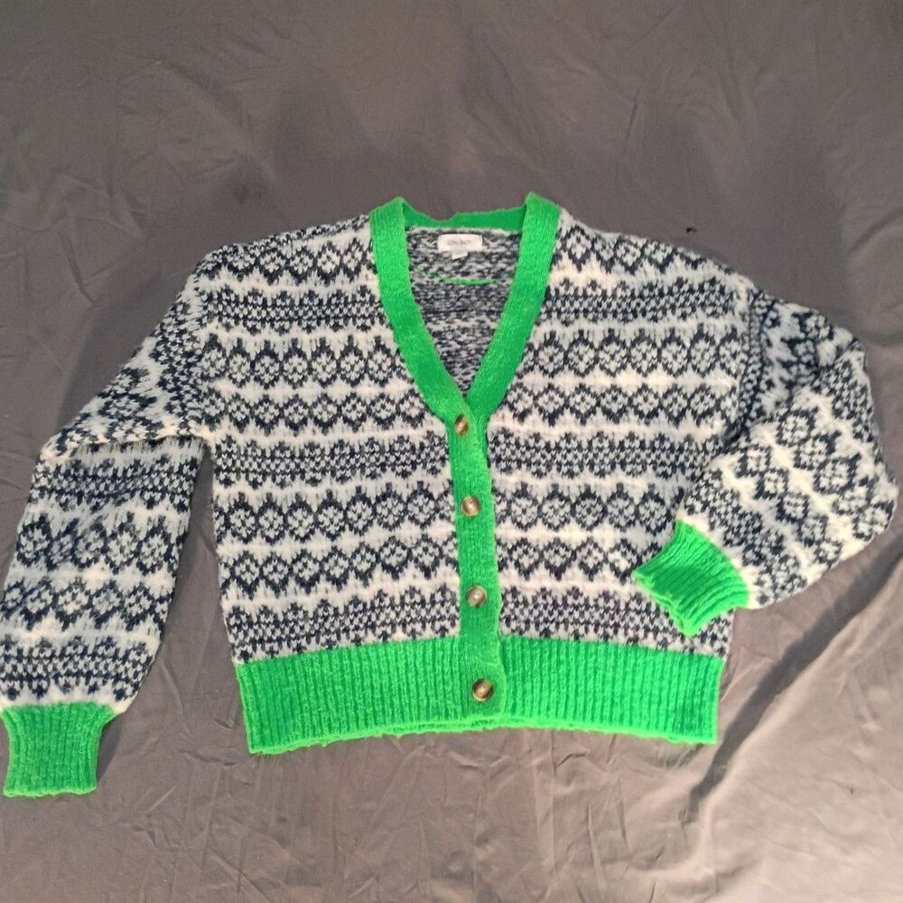 Fair Isle Knit Cardigan Sweater M Black White Neon Lime Green Trim Retro preppy